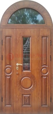 Двустворчатая железная дверь МДФ со стеклом в форме арки ДА-52 в Уфе