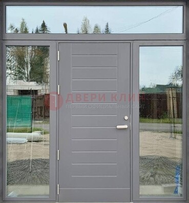 Серая стальная дверь с панелью МДФ и стеклянными фрамугами ДФГ-28 в Уфе