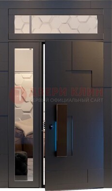 Чёрная двухстворчатая металлическая дверь со стеклом ДС-64 в Уфе