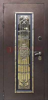 Железная дверь цвета медный антик со стеклом и ковкой ДСК-105 в Уфе