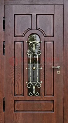 Cтальная дверь со стеклом и ковкой в коричневом цвете ДСК-119 в Уфе