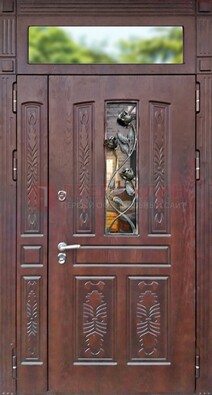 Коричневая железная дверь со стеклом и ковкой на улицу ДСК-127 в Голицино