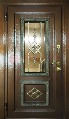 Теплая входная дверь со стеклом и ковкой разноцветной ДСК-13 в Уфе