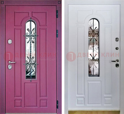 Розовая металлическая дверь со стеклом и ковкой ДСК-151 в Уфе