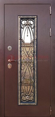 Коричневая стальная дверь порошок со стеклом и ковкой для дома ДСК-169 в Уфе