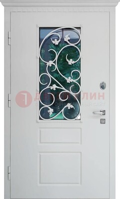 Белая металлическая дверь винорит со стеклом и ковкой ДСК-184 в Уфе