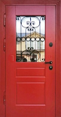 Красная железная дверь Винорит со стеклом и ковкой ДСК-205 в Уфе