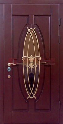 Бордовая стальная дверь Винорит со стеклом и ковкой ДСК-263 в Уфе