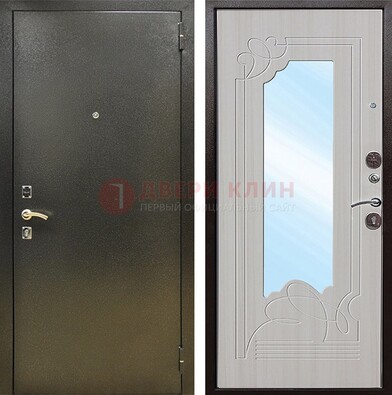 Входная темно-серая дверь c порошковым покрытием и МДФ с резьбой и зеркалом ДЗ-113 в Уфе