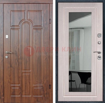 Входная коричневая дверь с МДФ Белый дуб и зеркалом ДЗ-126 в Уфе
