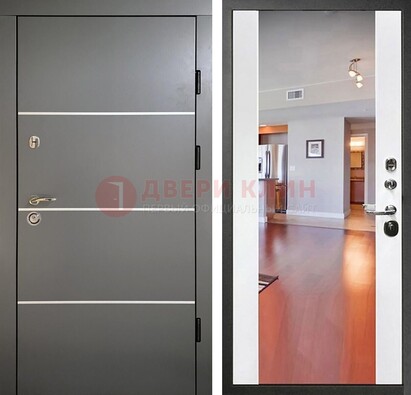 Темная коричневая входная дверь с зеркалом МДФ белая внутри ДЗ-131 в Уфе