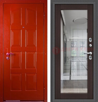 Красная металлическая дверь с МДФ и зеркалом ДЗ-136 в Уфе