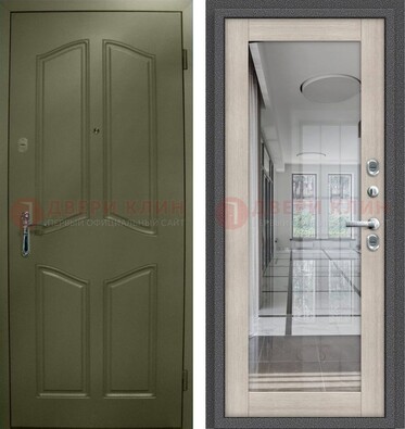 Зеленая стальная дверь с МДФ панелями и зеркалом ДЗ-137 в Уфе