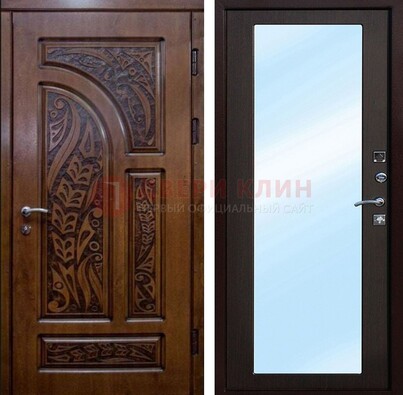 Коричневая входная дверь c узором и виноритом МДФ с зеркалом ДЗ-98 в Уфе