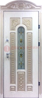 Белая железная дверь с МДФ и витражом ВЖ-26 в Уфе