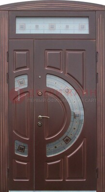Коричневая двухстворчатая железная дверь с МДФ и витражом ВЖ-29 в Уфе