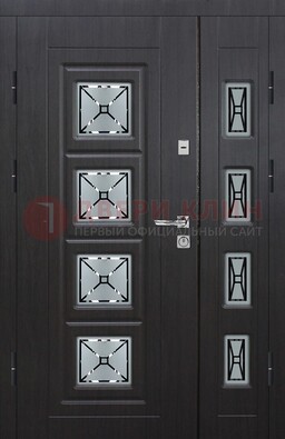 Чёрная двухстворчатая железная дверь с МДФ и витражом ВЖ-35 в Уфе